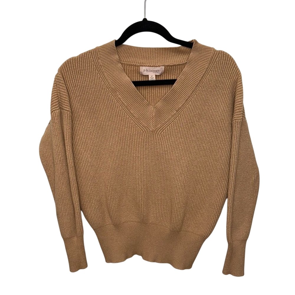 Philosophy‎ Women's Ribbed V-neck tan Drop Shoulder Sweater Small